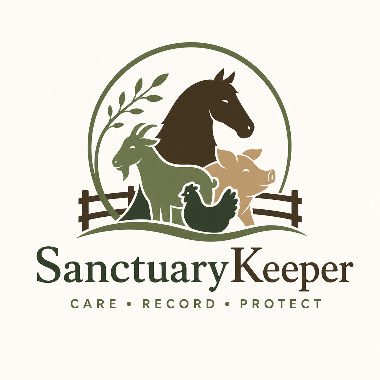 Sanctuary Keeper logo featuring a horse, goat, pig, and chicken